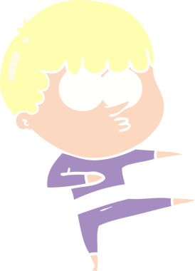 Orijinal düz renkli çizgi film. Dans eden meraklı çocuk.