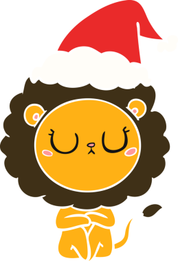 Orijinal el çizimi, Noel Baba şapkası takan bir aslanın düz renk çizimi.