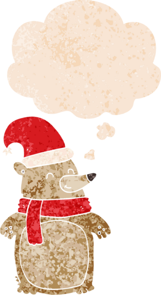 Orijinal karikatür noel ayısı. Düşünce baloncuğu ile grunge sıkıntı retro desenli stil