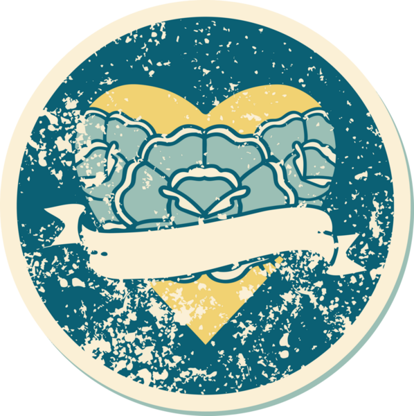 Orjinal ikonik, sıkıntılı çıkartma dövme stili. Çiçekli bir kalp ve pankart.