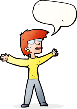 Konuşma balonlu gözlük takan orijinal çizgi film kadını.