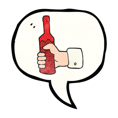 Orijinal serbest konuşma balonu. Çizgi film karakterli. Elinde şarap şişesi var.