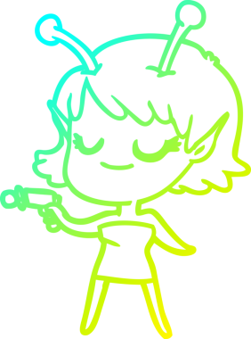 Orijinal soğuk eğim çizgisi gülümseyen uzaylı kız çizgi filminin ışın tabancasını gösteriyor.