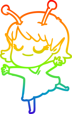 Orijinal gökkuşağı gradyan çizimi gülümseyen uzaylı kız çizgi filminin dansı