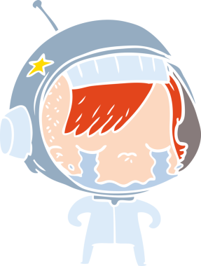 Orijinal düz renkli çizgi film ağlayan astronot kız.
