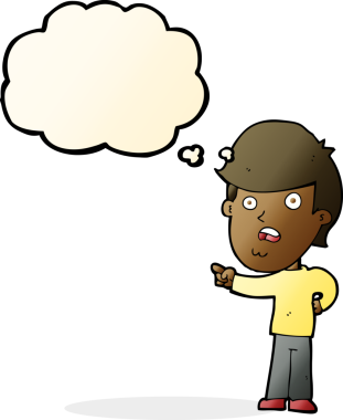 Orijinal karikatür şok adam düşünce baloncuğu ile işaret