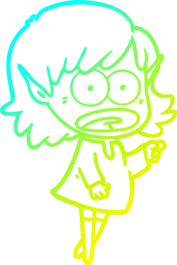 Orijinal soğuk eğimli çizgi film çizimi şok edici elf kızı işaret ediyor.