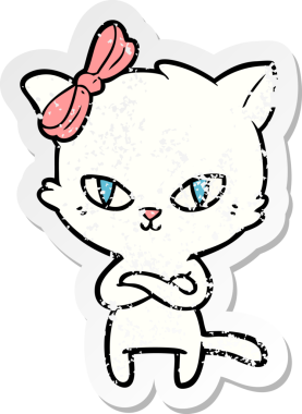 Sevimli bir çizgi film kedisine ait orijinal, sıkıntılı çıkartma.