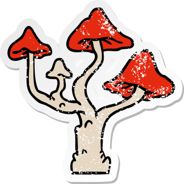 Orijinal el çizimi, mantar yetiştiren karikatür çıkartması.