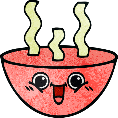 Orijinal retro grunge deseni bir kase sıcak çorbanın karikatürü