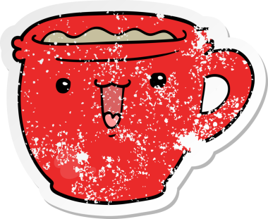 Sevimli bir çizgi film kahve fincanının orijinal sıkıntılı çıkartması.