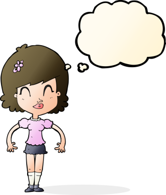 Düşünce baloncuğu olan mutlu güzel bir kadın.