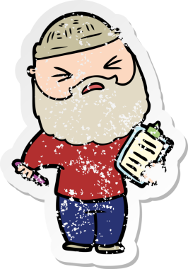 Sakallı bir çizgi film karakterinin orijinal üzgün çıkartması.