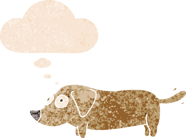 Düşünce baloncuklu orijinal çizgi film köpeği grunge sıkıntı retro desenli stil