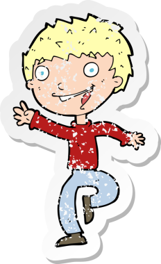 Orijinal gerilim dolu çizgi film çıkartması. Heyecanlı çocuk.