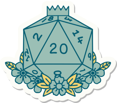 Doğal 20 D20 zarının çiçek elementli orijinal etiketi.