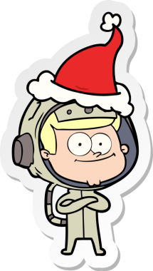 Orijinal mutlu astronot el çizimi Noel Baba şapkası giyen bir karikatür.
