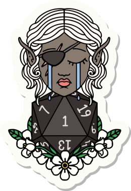 Ağlayan bir elf karakterinin orijinal çıkartması. Doğal bir D20 rulo.