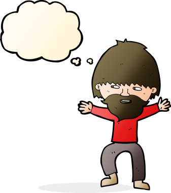 Düşünce baloncuklu sakallı mutlu adam.