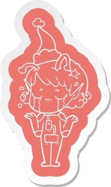 Ağlayan uzaylı bir kızın Noel Baba şapkası taktığı orijinal çizgi film çıkartması.