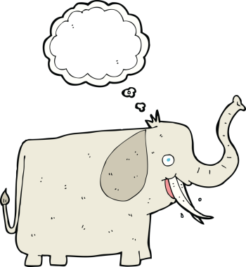 Düşünce baloncuklu mutlu bir fil.
