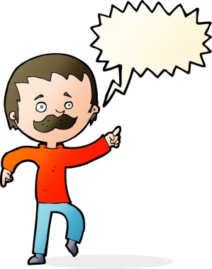 Konuşma baloncuğuyla işaret eden bıyıklı orijinal çizgi film adamı.