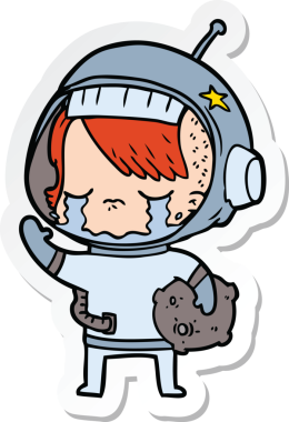 Ağlayan astronot kızın kaya örneği taşıyan orijinal çıkartması.