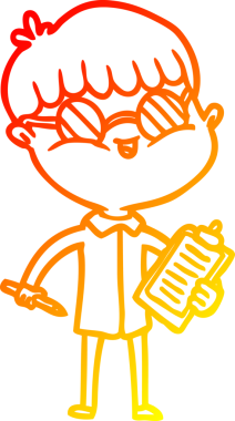 Gözlük takan çizgi film karakterinin orjinal, sıcak çizgi çizimi.