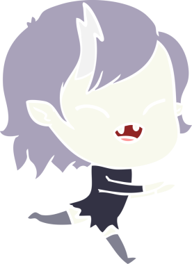 Orijinal düz renkli çizgi film, gülen vampir kız koşuyor.