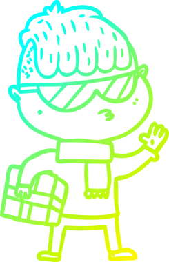 Orijinal soğuk çizgi çizgi film karakteri çizimi. Güneş gözlüğü takan ve elinde xmas hediyesi taşıyan bir çocuk.