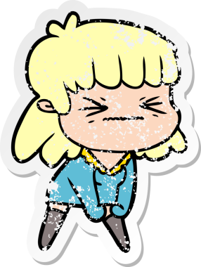 Kızgın bir karikatür kızına ait orijinal, sıkıntılı çıkartma.