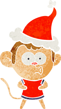 Orijinal el çizimi, Noel Baba şapkası takan sürpriz bir maymunun retro karikatürü.