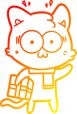 Bir çizgi filmin orjinal sıcak gradyan çizimi, sürpriz kedi ve Noel hediyesi.