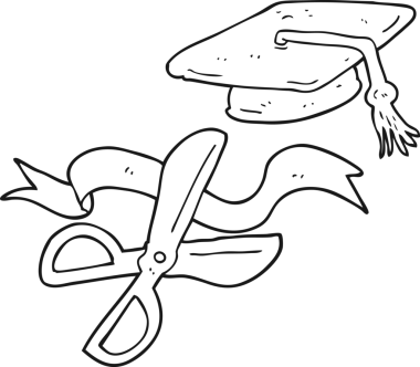 Mezuniyette kurdele kesen siyah beyaz makas çizimi.