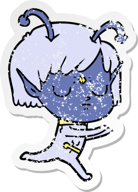 Uzaylı bir karikatür kızına ait orijinal, sıkıntılı çıkartma.