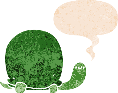 Grunge sıkıntılı retro desenli konuşma baloncuklu orijinal şirin karikatür kaplumbağa