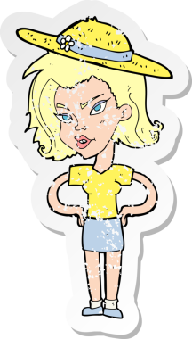 Yazlık şapkalı bir karikatürcü kadının orijinal gerilimli çıkartması