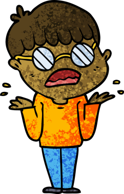 Orijinal çizgi film şaşkın gözlüklü çocuk.