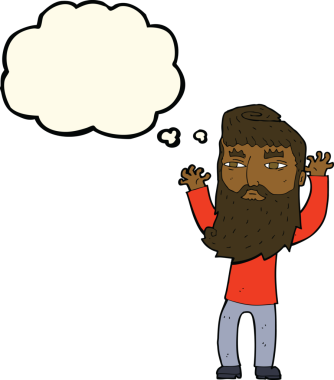 Orjinal çizgi film sakallı adam düşünce balonuyla kollarını sallıyor.