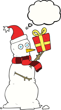 Orjinal serbest çizim düşünce balonu kardan adam hediyesini tutuyor