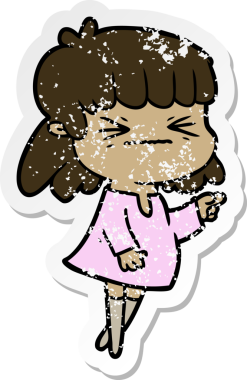 Kızgın bir karikatür kızına ait orijinal, sıkıntılı çıkartma.