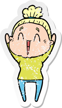 Çizgi filmin orijinal kederli çıkartması. Mutlu yaşlı kadın.