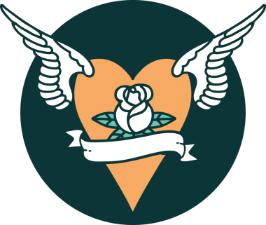 Orijinal ikonik dövmeli uçan bir kalbin çiçek ve bayrağı.