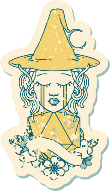 Orijinal Retro Dövme Biçimi ağlayan elf karakteri yüzü ve doğal bir D20 rulo