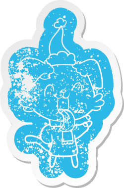 Orijinal çizgi film Noel Baba şapkası takan, nefes nefese kalmış bir köpeğin çıkartması.