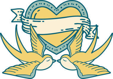 Orijinal ikonik dövme tarzı kırlangıçlar ve sancaklı bir kalp.