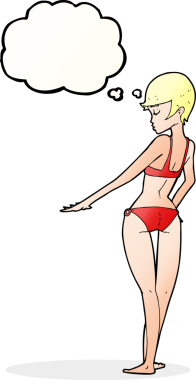 Düşünce baloncuklu orijinal bikinili kadın.