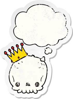 Düşünce baloncuklu taçlı orijinal karikatür kafatası sıkıntılı bir çıkartma gibi