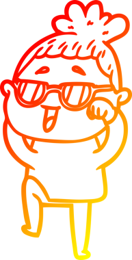 Orjinal, sıcak, çizgi film çizen, gözlüklü mutlu kadın.