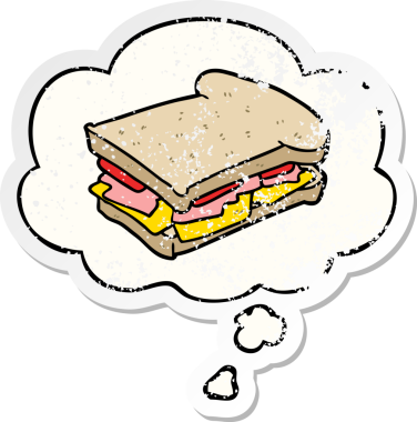 Üzüntülü bir çıkartma olarak düşünce balonlu orijinal jambonlu sandviç.